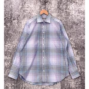 Etro Shirt 44 / XL Mens Linen Gingham Check Blue Long Sleeve Button Down
